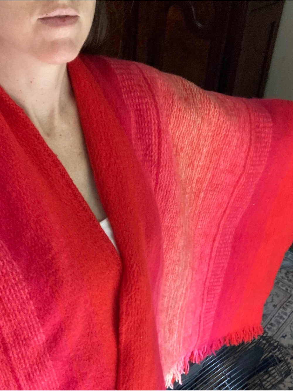 VINTAGE South American Handwoven Wool Poncho Wrap | Red Ombre Sunset Striped
